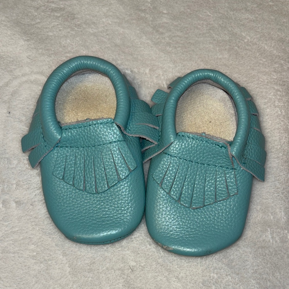 Boogaloo Bubby wear Baby Moccasin Shoes in Teal - Soft Leather Slip-Ons leather
